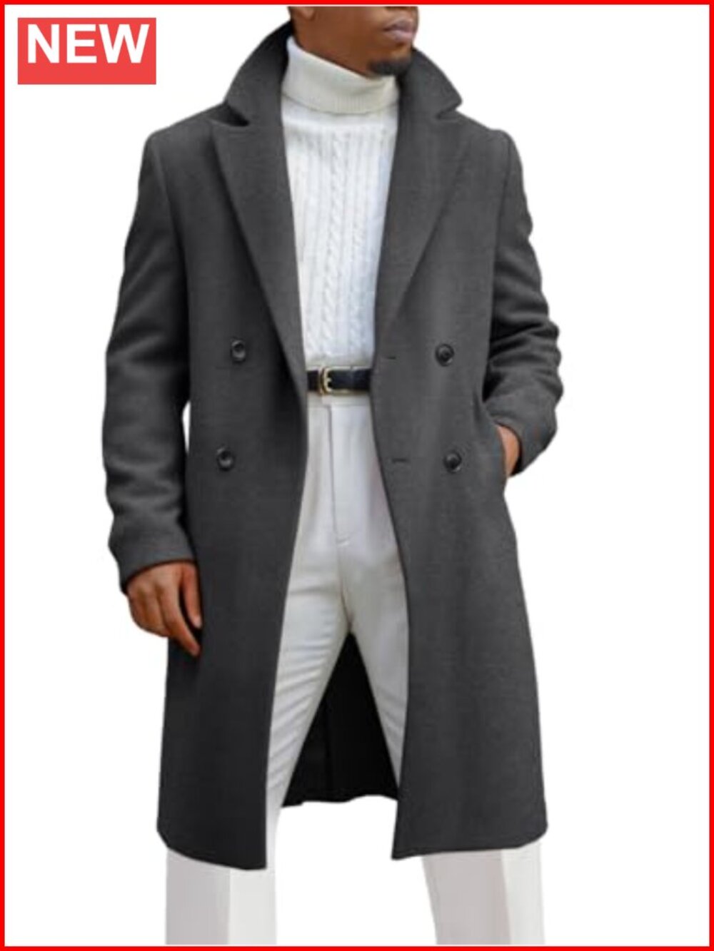 Mens Double Breasted Mid Long Trench Coat Notch Collar Wool Blend